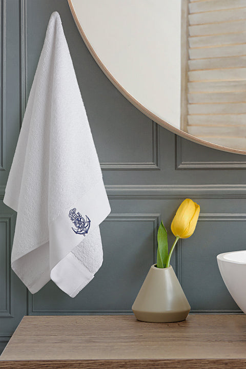 White Cotton Face Towel with Anchor Embroidery (50x90 cm)