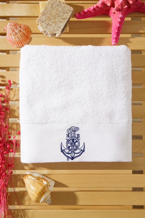 White Cotton Face Towel with Anchor Embroidery (50x90 cm)