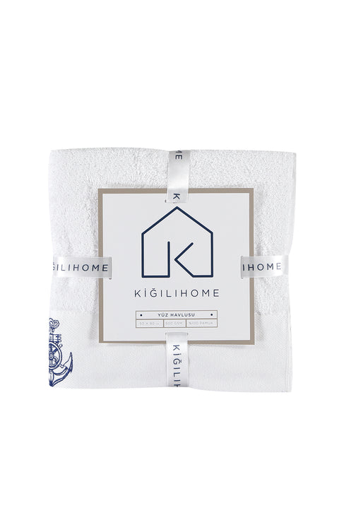 White Cotton Face Towel with Anchor Embroidery (50x90 cm)