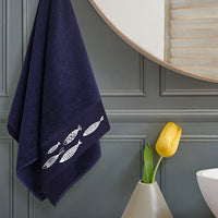 Medium Navy Blue Cotton Face Towel with Fish Embroidery (50x90 cm)