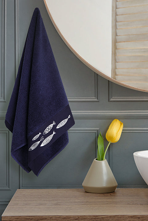 Medium Navy Blue Cotton Face Towel with Fish Embroidery (50x90 cm)