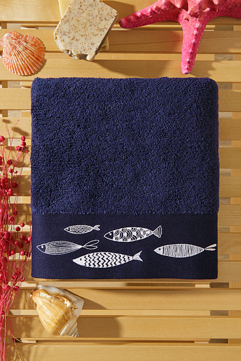 Medium Navy Blue Cotton Face Towel with Fish Embroidery (50x90 cm)