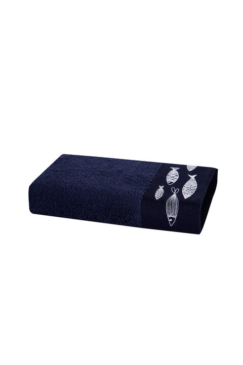 Medium Navy Blue Cotton Face Towel with Fish Embroidery (50x90 cm)