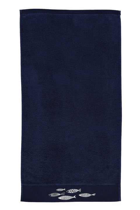 Medium Navy Blue Cotton Face Towel with Fish Embroidery (50x90 cm)