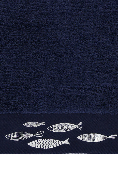 Medium Navy Blue Cotton Face Towel with Fish Embroidery (50x90 cm)