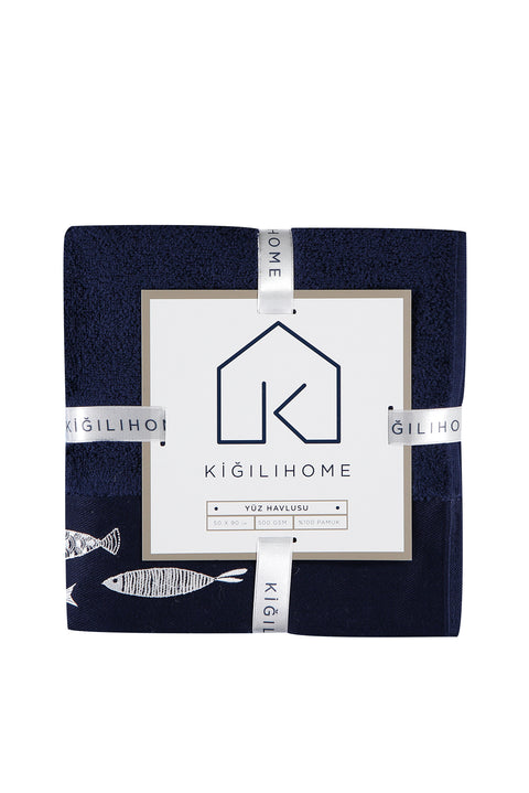 Medium Navy Blue Cotton Face Towel with Fish Embroidery (50x90 cm)