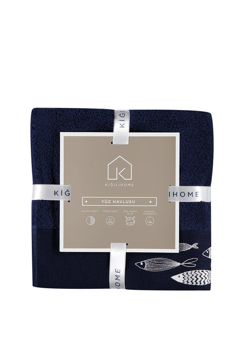 Medium Navy Blue Cotton Face Towel with Fish Embroidery (50x90 cm)