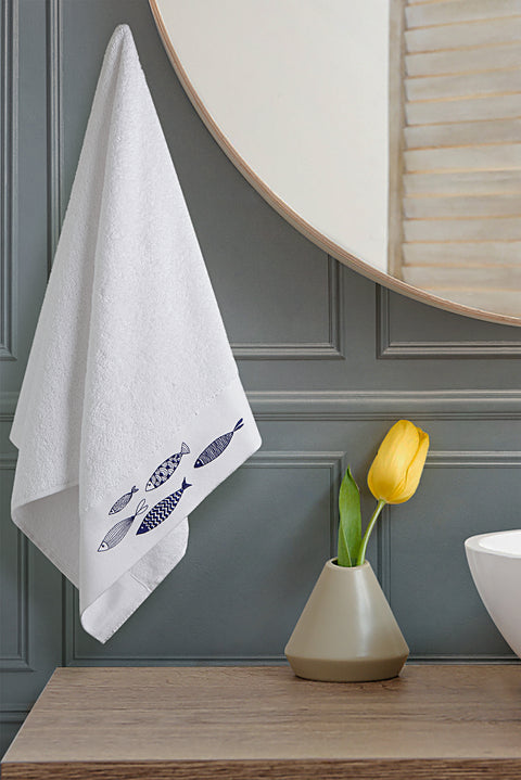 White Fish Embroidered Cotton Face Towel (50x90 cm)