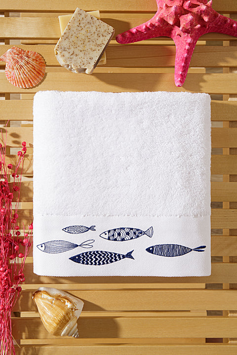 White Fish Embroidered Cotton Face Towel (50x90 cm)