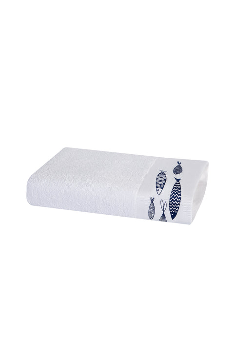 White Fish Embroidered Cotton Face Towel (50x90 cm)
