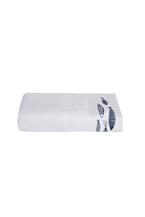 White Fish Embroidered Cotton Face Towel (50x90 cm)
