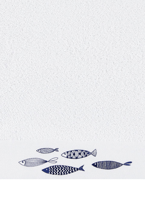 White Fish Embroidered Cotton Face Towel (50x90 cm)