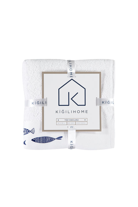 White Fish Embroidered Cotton Face Towel (50x90 cm)