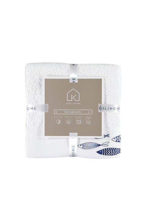 White Fish Embroidered Cotton Face Towel (50x90 cm)