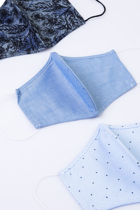 Blue Cotton Washable 3-Pack Face Masks