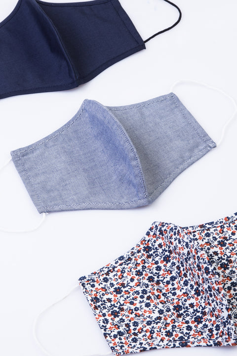 Dark Navy Blue Cotton Washable 3-Pack Face Masks