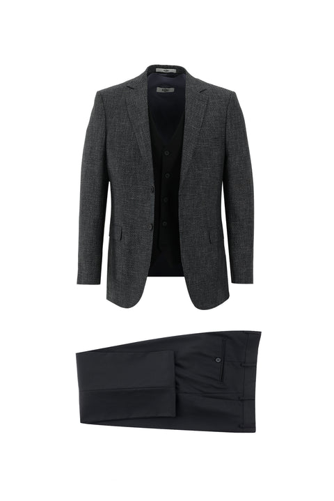 Black 6 Drop Regular Fit Linen Suit with Vest