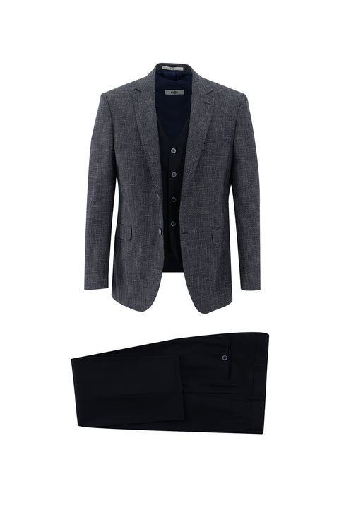 Dark Navy 7 Drop Slim Fit Linen Suit with Vest