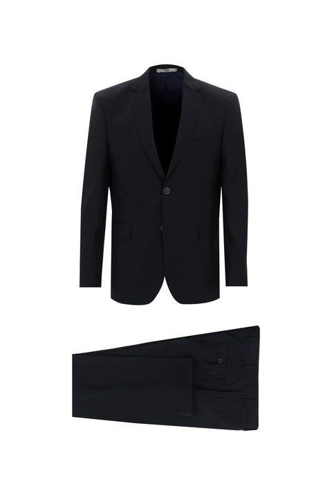 Black and Navy Blue 7 Drop Slim Fit Striped Suit