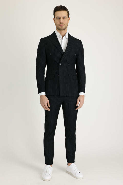 Siyah 7 Drop Super Slim Fit Eksra Dar Kesim Çizgili Kruvaze Takım Elbise
