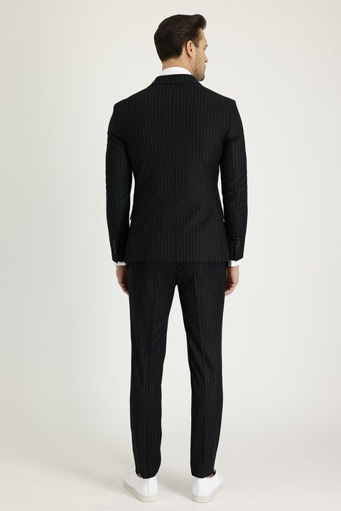 Siyah 7 Drop Super Slim Fit Eksra Dar Kesim Çizgili Kruvaze Takım Elbise