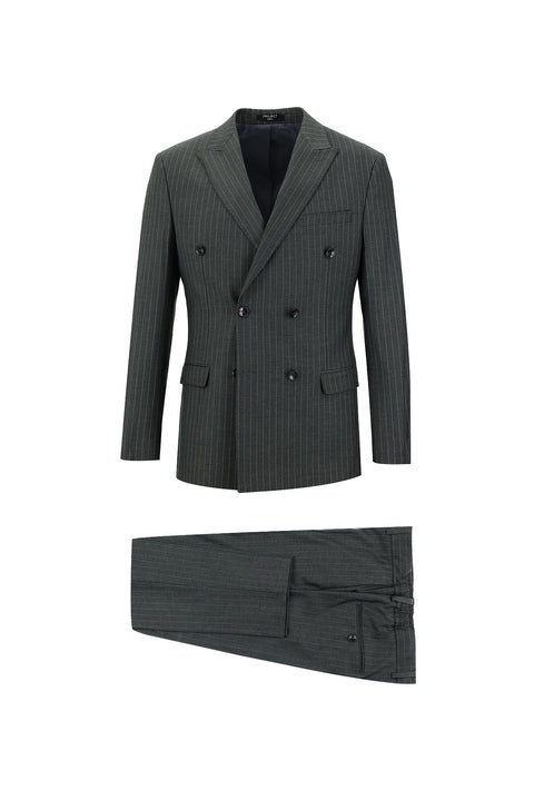 Medium Grey 7 Drop Slim Fit Striped Double-Breasted Suit