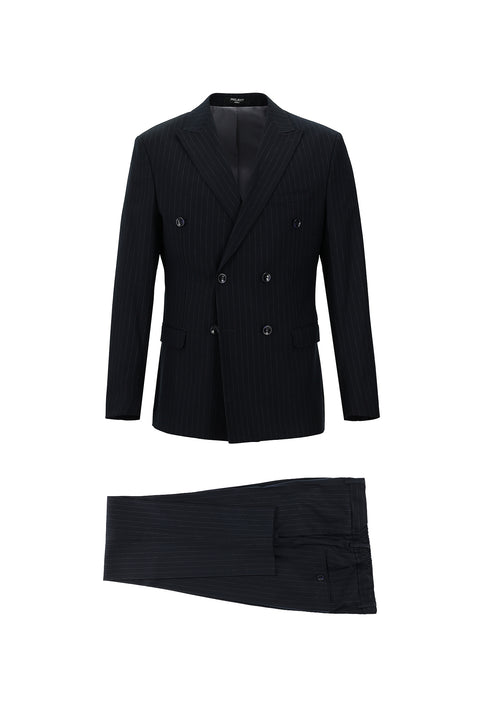 Dark Navy 7 Drop Slim Fit Striped Double-Breasted Suit