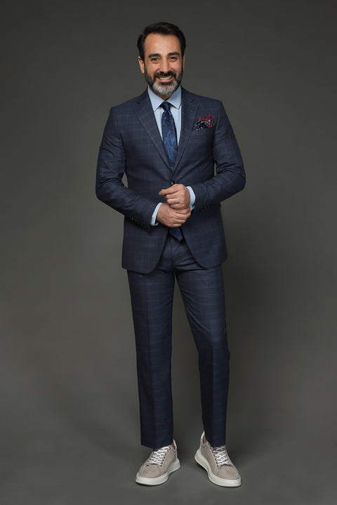 Light Navy 7 Drop Slim Fit Plaid Suit