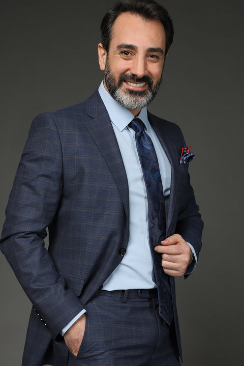 Light Navy 7 Drop Slim Fit Plaid Suit
