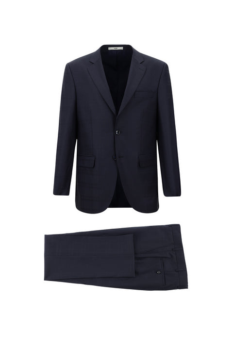 Dark Navy 4-Drop Relaxed Fit Wool Plaid Suit