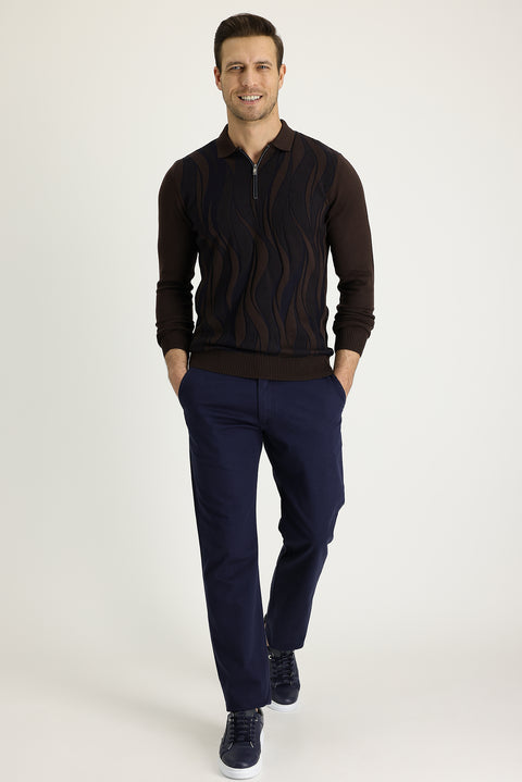 Light Navy Regular Fit Standard Cut Patterned Lycra Canvas / Chino Trousers