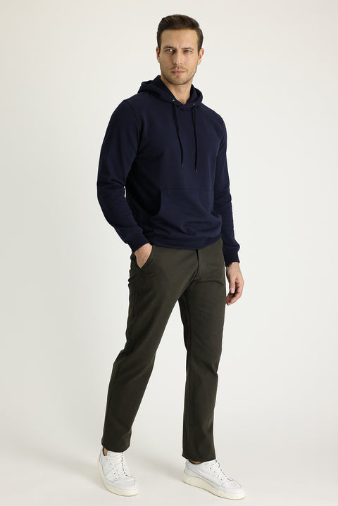 Medium Khaki Regular Fit Standard Cut Patterned Lycra Canvas / Chino Trousers