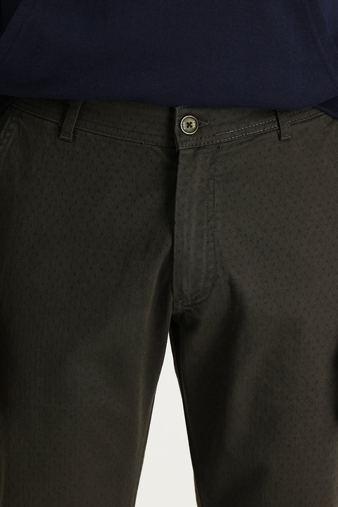 Medium Khaki Regular Fit Standard Cut Patterned Lycra Canvas / Chino Trousers