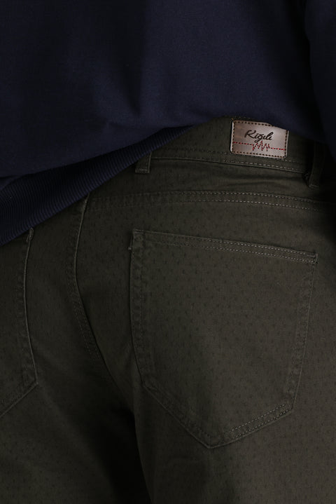 Medium Khaki Regular Fit Standard Cut Patterned Lycra Canvas / Chino Trousers