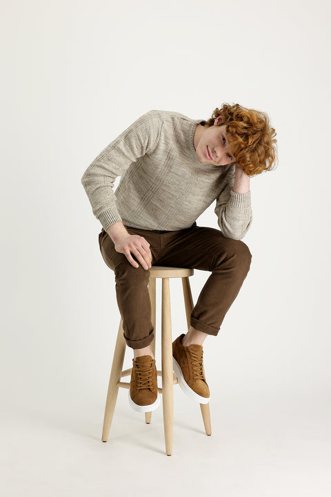 Light Brown Slim Fit Stretch Velvet Trousers