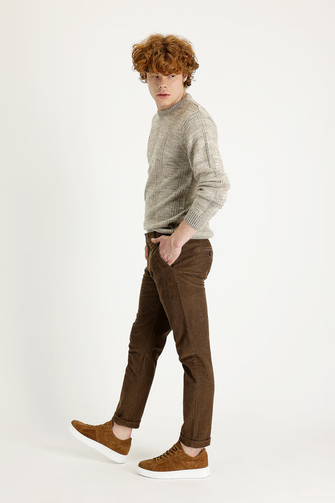 Light Brown Slim Fit Stretch Velvet Trousers