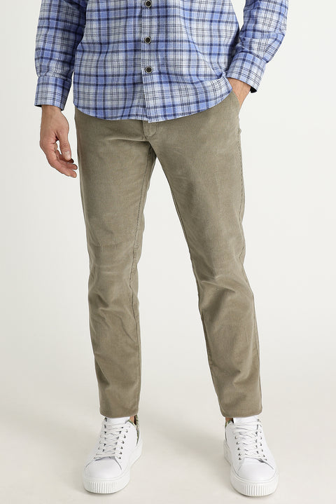 Mid-Beige Regular Fit Standard Cut Stretch Corduroy Trousers