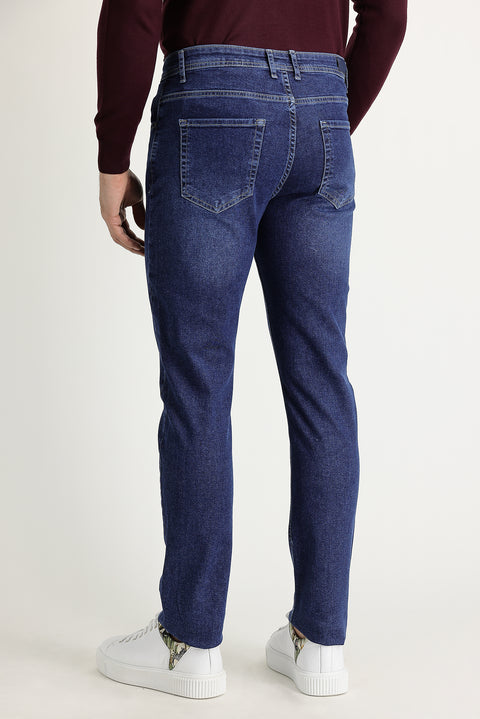 Mid-Dark Blue Regular Fit Standard Cut Lycra Denim Pants