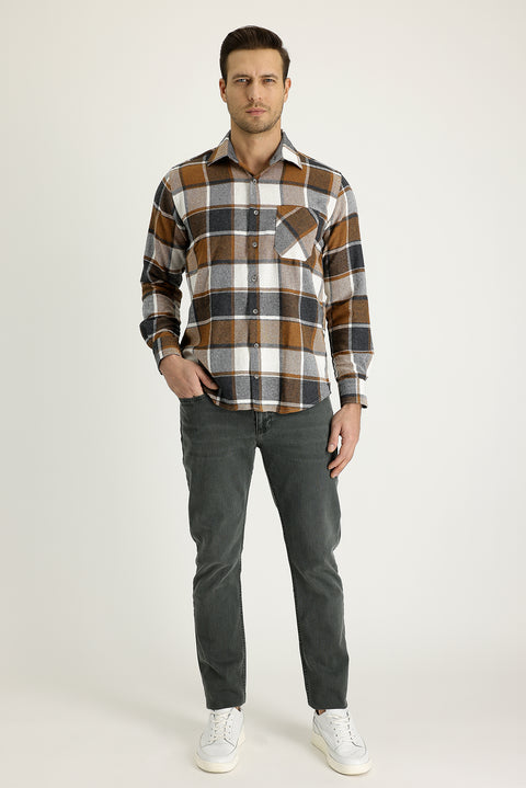 Orta Haki Regular Fit Standart Kesim Likralı Denim Pantolon