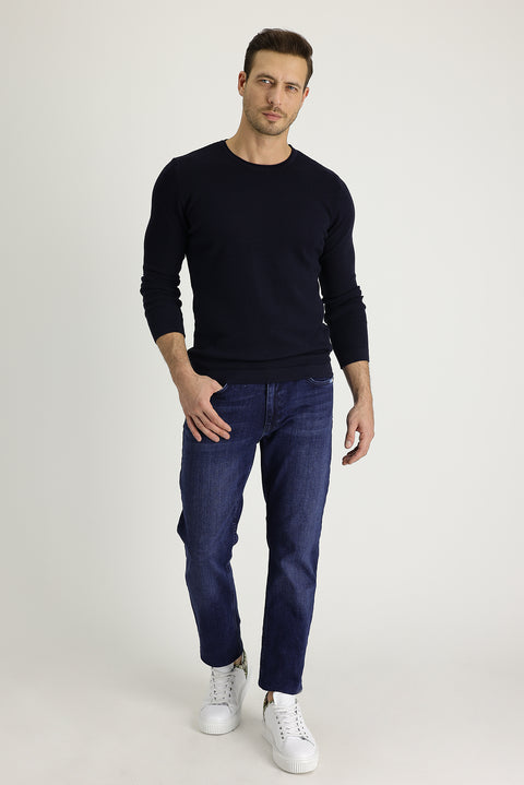 Mid-Dark Blue Regular Fit Standard Cut Lycra Denim Pants