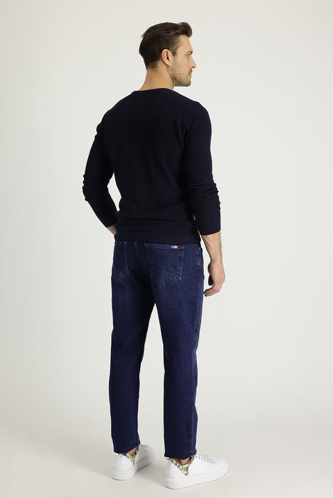 Mid-Dark Blue Regular Fit Standard Cut Lycra Denim Pants