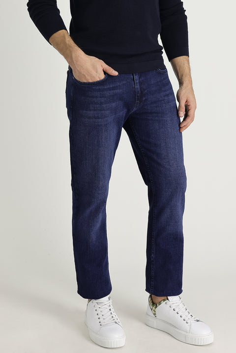 Mid-Dark Blue Regular Fit Standard Cut Lycra Denim Pants