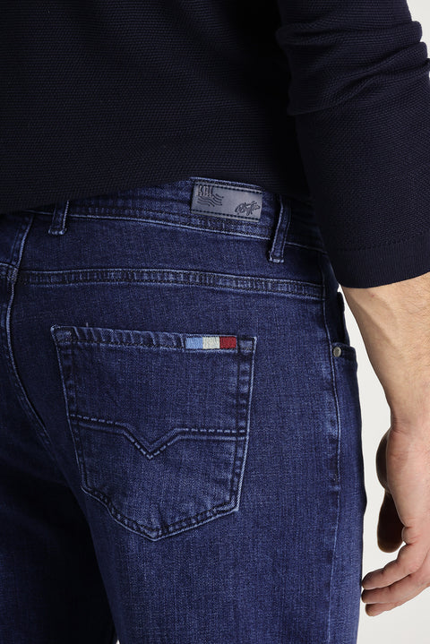 Mid-Dark Blue Regular Fit Standard Cut Lycra Denim Pants