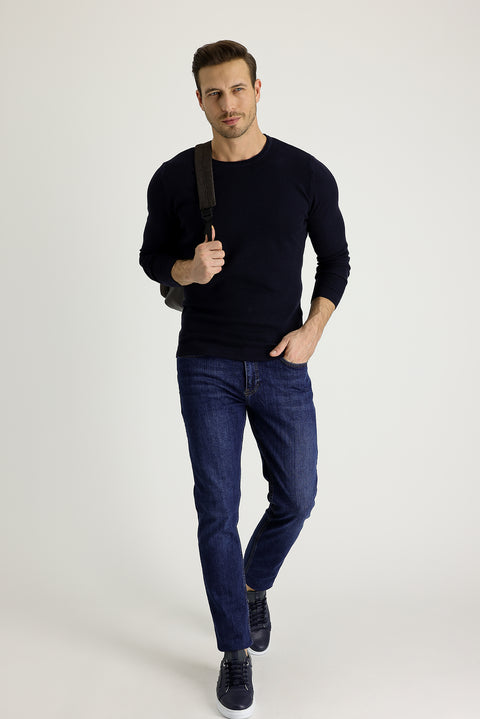 Orta Lacivert Slim Fit Dar Kesim Likralı Denim Pantolon