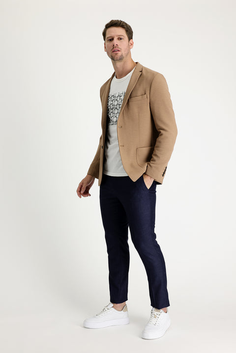 Medium Navy 7 Drop Super Slim Fit Extra Narrow Cut Patterned Lycra Classic Fabric Trousers