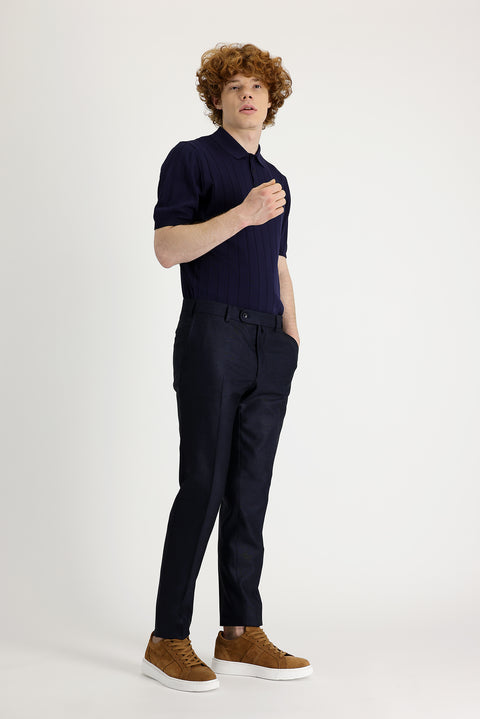 Dark Navy Blue 7 Drop Super Slim Fit Extra Narrow Cut Patterned Lycra Classic Fabric Trousers