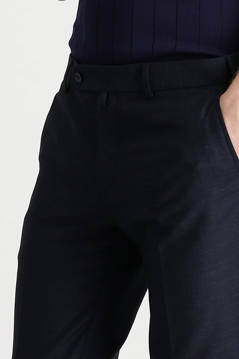 Dark Navy Blue 7 Drop Super Slim Fit Extra Narrow Cut Patterned Lycra Classic Fabric Trousers