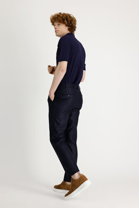 Dark Navy Blue 7 Drop Super Slim Fit Extra Narrow Cut Patterned Lycra Classic Fabric Trousers