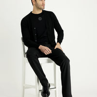 Black 7 Drop Slim Fit Narrow Cut Pants with Elastic Waistband and Drawstring, Patterned Lycra Fabric