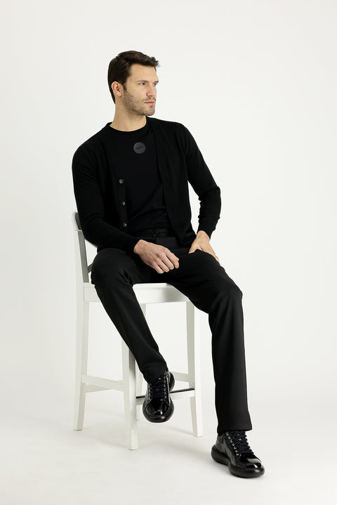 Black 7 Drop Slim Fit Narrow Cut Pants with Elastic Waistband and Drawstring, Patterned Lycra Fabric
